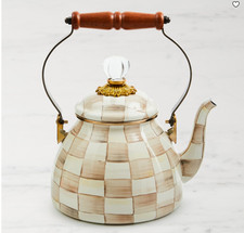 MacKenzie-Childs Mocha Check Tea Kettle Stovetop Teapot Kitchen Cookware picture
