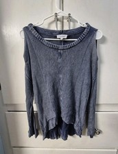 Anthropologie Thml Small Pullover Sweater Blue Heathered Cold Shoulder Ribbed  picture