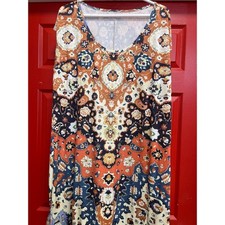 Shein Curve Boho Paisley Floral Sleeveless Shift Dress Orange Navy Blue 1XL picture