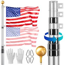 VEVOR 30FT Telescopic Flagpole Kit Heavy Duty Aluminum Flag Pole American Silver picture