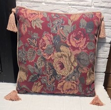 Vintage Floral Tapestry Throw Pillow Tassels Burgundy Fringe Victorian 90s 17