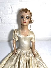 Antique French Boudoir Salon Doll 25” Art Deco 1920s Painted Face Satin Gown  picture
