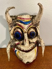 Vintage Mexican Devil Mask Hand Carved Wood Horns Diablos Dance Folk Art picture