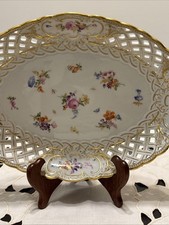 Antique Meissen Porcelain Reticulated Oval Bowl Floral Gold Basketweave Plate picture