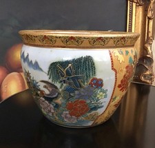 Vintage Satsuma Ceramic Hand Decorated Floral Birds Flower Pot Planter 4.5” Tall picture