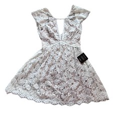 Lulus Women Plunge Mini Flare Dress XSmall Bridal Cocktail White Floral Lace NEW picture