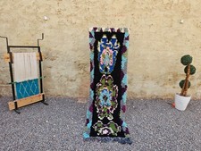 Handmade Moroccan Runner Rug Black Floral Berber Boucherouite Boho Hallway Rug picture