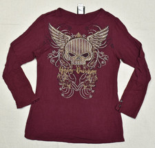 Harley Davidson Womens Top Large L Maroon Rhinestone Winged Skull Long Sleeve US picture