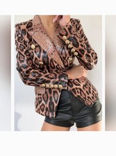 Occident Leopard Pattern Women's Lapel Coats Jacket Double-breasted Slim Fit Top picture
