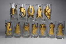 12 Zodiac Anchor Hocking Highball Drinking Glasses MCM Barware 22K Gold Accent picture