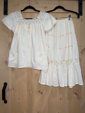 Vintage White Gauze 2 Piece Skirt Blouse Set Crochet Lace Prairie Cottagecore picture