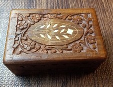 Hand Carved Wooden JewelryBox Vintage Floral Inlay India Trinket Box 6 X 4 picture