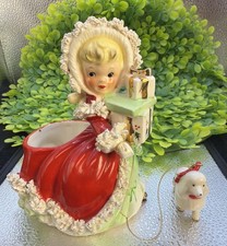 Vtg Napco Christmas Shopper Girl Red Dress w Poodle Presents Spaghetti Trim picture