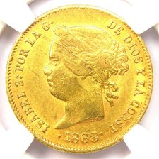 1868 Spain Philippines Gold 4 Pesos G4P Isabel Coin - Certified NGC AU Details picture