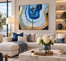 Original Abstract Diptych Painting Blue Gold Canvas Modern Wall Art picture
