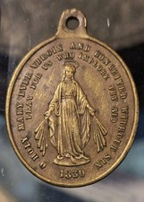 19th C Bronze Miraculous Medal O Holy Mary Ever Virgin 1830 Catholic Pendant picture