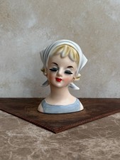 VINTAGE LADY HEAD VASE **SCARCE** MINIATURE LEGO BLONDE WITH GRAY-BLUE DRESS 4.5 picture