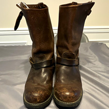 Frye Men’s 11.5 Brown Leather Engineer Boots Round Toe Pull-On Buckle Rubber picture
