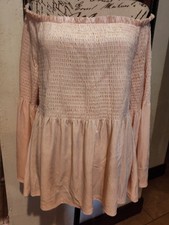 Venus Pink Vintage Victorian Shiny Stretch Velvet Blouse with Bell Sleeves Sz L picture