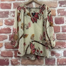 Bobeau Top Womens Medium Cream Multicolor Boho Floral Abstract Burnout Shirt picture