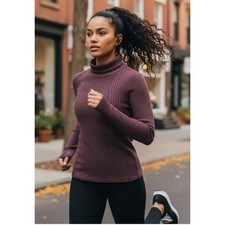 ATHLETA FLURRY ENDEAVOR TURTLENECK BURGUNDY BLACK RIBBED KNIT TOP WMNS LARGE picture