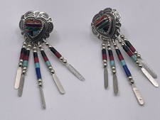 Vintage QT Southwestern Earrings Sterling Silver Multi Stone Heart Dangle 925 picture