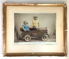 1920s-30s James Bacon & Sons Hand Tinted Photo Etching Girls Pedal Car Portrait picture