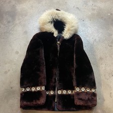 Vintage 60s Faux Fur Floral Tribal Hooded Parka Talon Zipper Size L picture