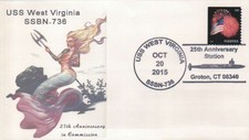 USS West Virginia SSBN 736, 25th Anniv. of Comm., pictorial pmk Groton, Mermaid picture