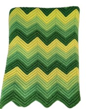 Vtg 1970s Crochet Afghan Throw Blanket Handmade Chevron Zig-Zag Green Ombre  picture