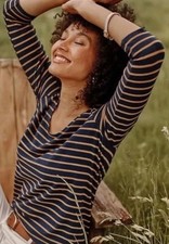 J.Jill Women's Petite Striped Scoop Neck Tee Navy Blue/Brown S Fall Autumn picture