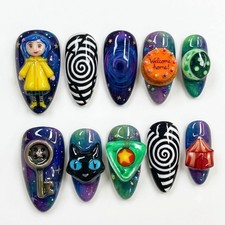 Custom Handmade Coraline 3D Doll Black Cat Key Spiral Galaxy Cake Press on Nails picture