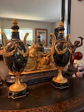 Pair Exceptional 1870 Gold Ormolu French Louis XVI Verdi Marble Cassoletts picture
