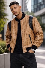 Men's MCM Genuine Leather Bomber Jacket Monogram Print Black Trim Casual Coat picture