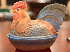 Vtg Fenton Folk Art Rooster on Nest Covered Dish Hand Painted Signed D Barbour 7 picture