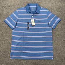 IZOD Advantage Mens M Blue Pink Striped Polo Shirt Short Sleeve Golf Sport Tech picture