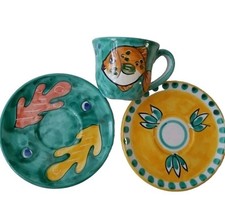 Vietri Sul Mare Italy Sole di Vietri Majolica Pottery Cup & 2 Saucers Fish Leafs picture
