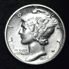 1936 Mercury Silver Dime AU   = picture
