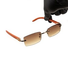 Men's Rimless Gold Frame Brown Gradient Tint Hip Hop Woodgrain Sunglasses picture