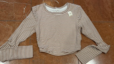 OFFLINE AERIE BROWN CREAM STRIPE RIBBED LONG SLEEVE RUCHED SIDES CROP TOP XS NEW picture