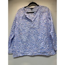 Talbots Blouse Womens Medium Petite Blue Excellent Floral Cotton Henley Top picture