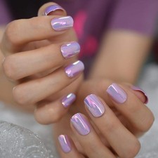 Elegant Short Chrome Holographic Press-On Nails in Pink Purple - 24 Count picture