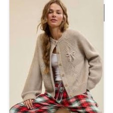 NWT Aerie Pointelle Bow Cardigan Sweater Tan Oatmeal size small picture