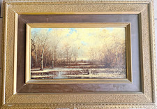 Carl C. Brenner Signed c. 1880s Winter Birch Landscape Oil Painting 12x22 Framed picture