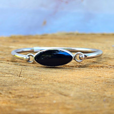 Vintage Taxco Mexico 925 Sterling Silver Onyx Oval Bangle Cuff Bracelet Signed picture