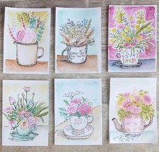 ACEO Original OOAK Flowers Tea Botanical lot 6  signed ArtisticChaptersbyIris picture