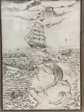 Vintage Gloria Scheib Fantasy Maritime Drawing Signed Framed Dated 1981 picture