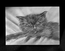 ACEO Original Realism Pencil Drawing of Black Kitten Cat Small MINI OOAK Cute picture