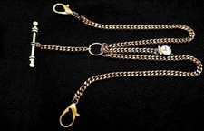 Gold Plated Strong Pocket Watch Albert Double Chain With Ornate Fob. picture