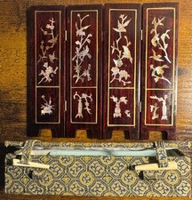 Vintage Miniature Asian 4 Panel Screen Mother of Pearl Inlay include Brocade Box picture